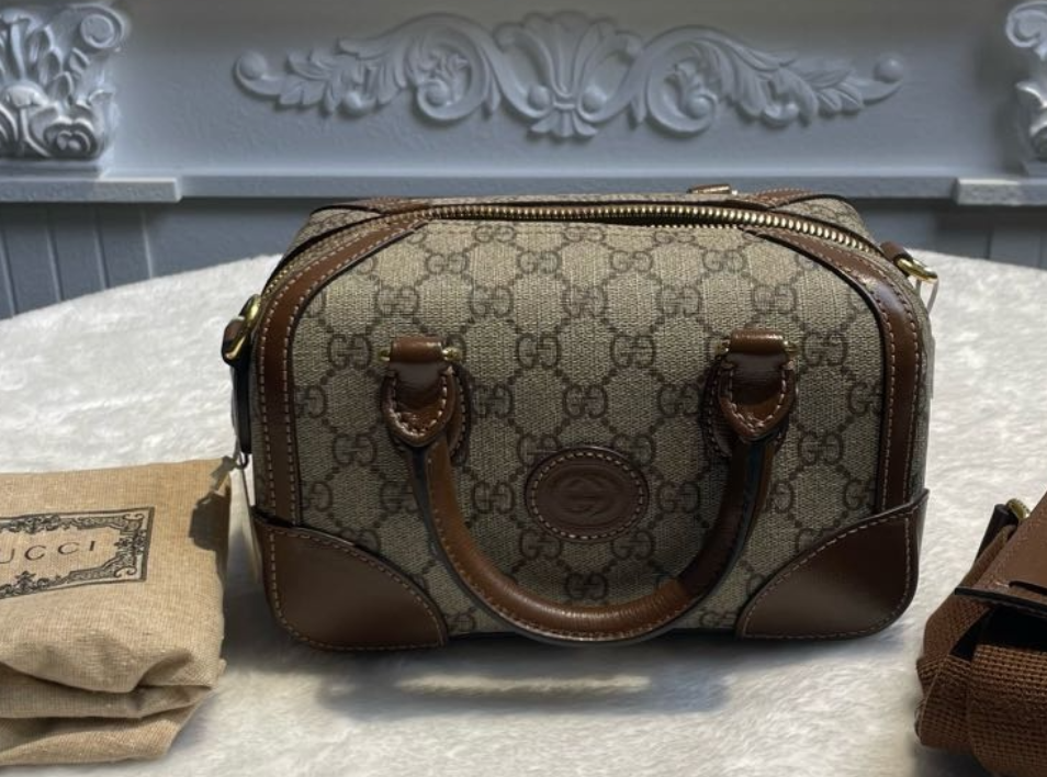 【#288】Pre-owned Gucci Small Boston Bag GG Coated Canvas with Brown Leather Trim