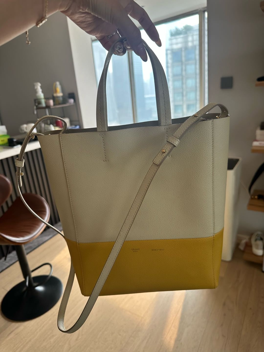 【#229】Pre-owned Celine Vertical Cabas Small Bag Light Grey & Mustard Yellow Grained Calfskin Leather