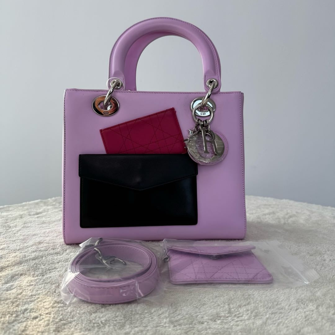 【#148】Pre-owned Dior Lady Dior Medium Pink Envelope Motif Calfskin Leather Shoulder Bag HZ251203014