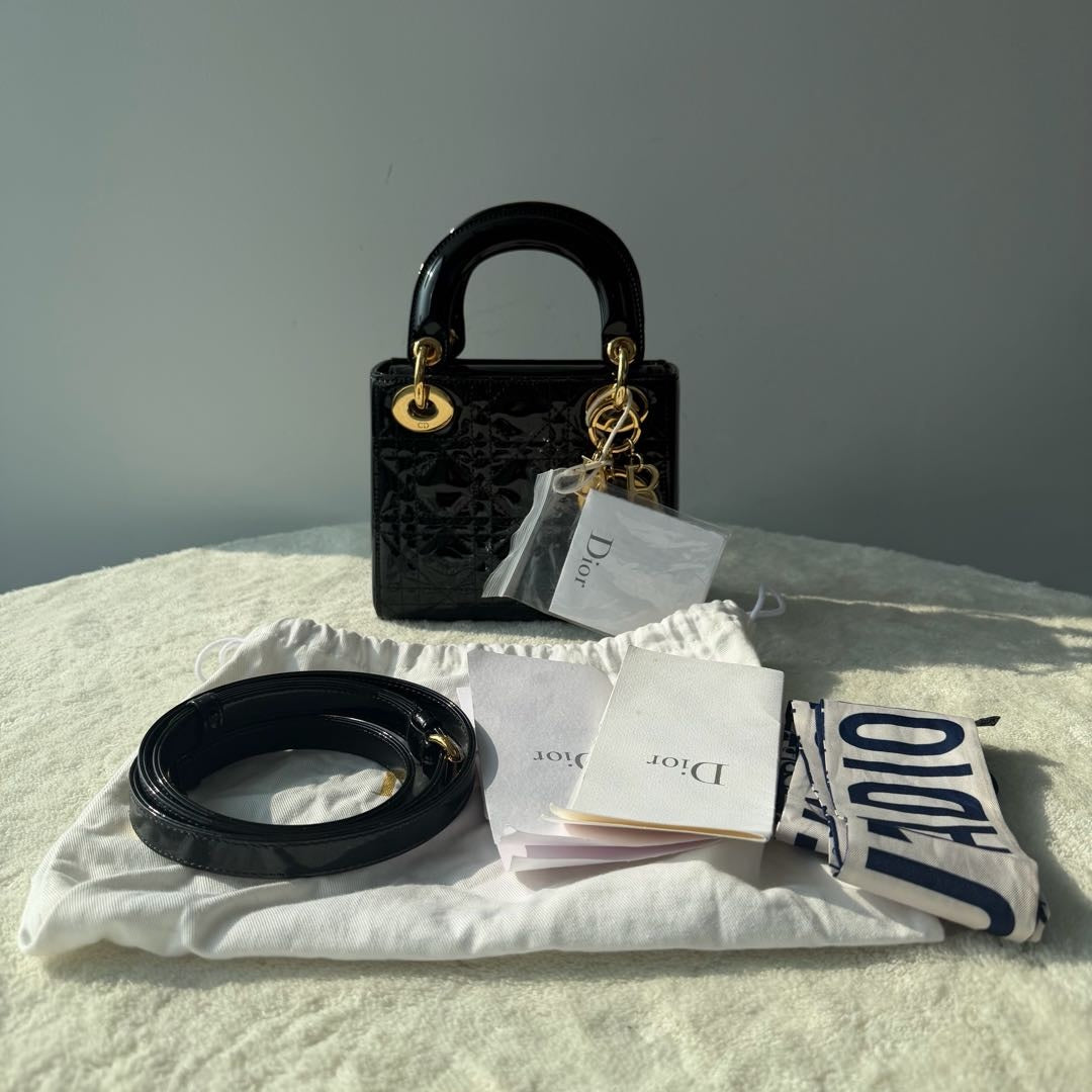 【#145】Pre-owned Dior Lady Dior Mini Black Cannage Patent Leather Gold Hardware Shoulder Bag HZ251218015