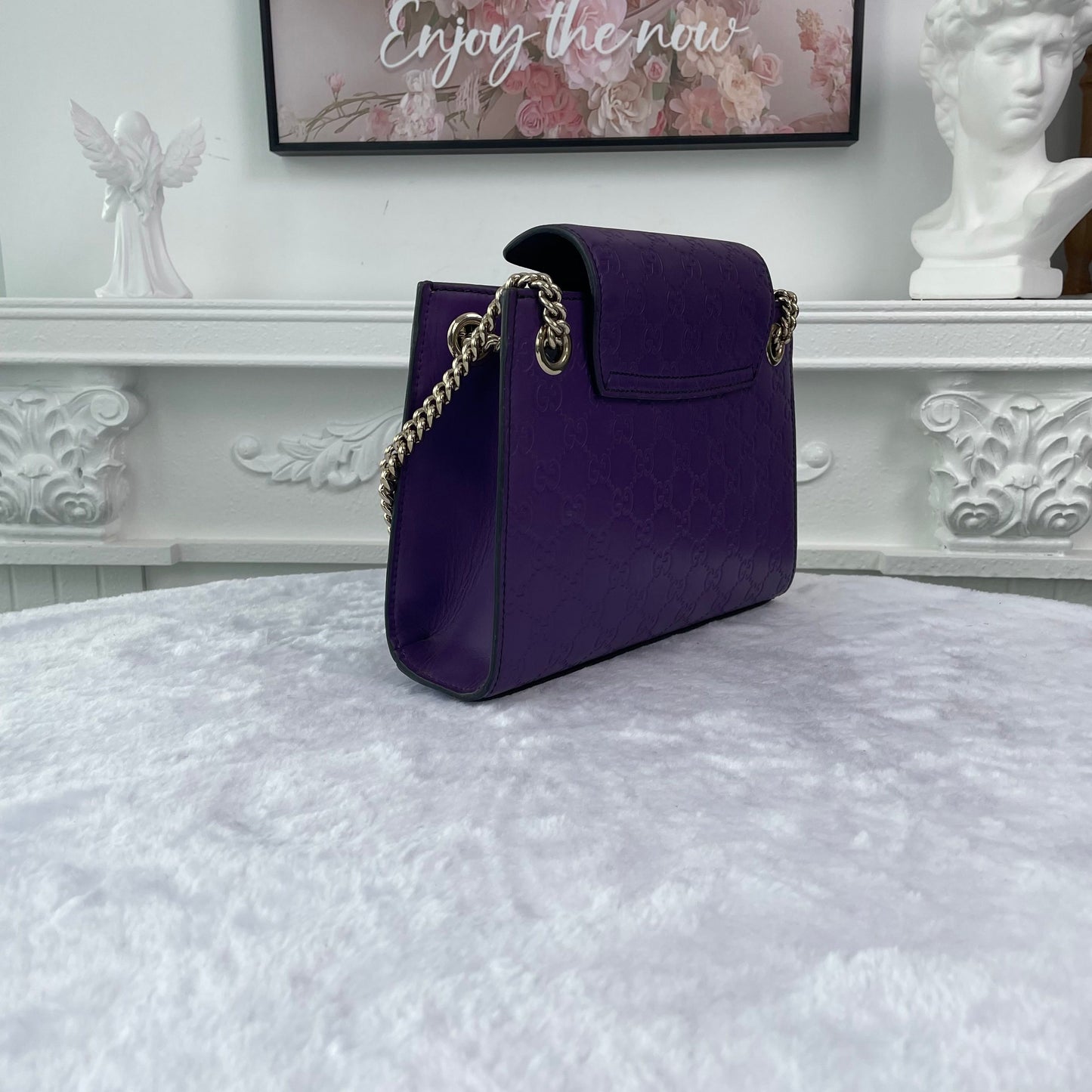 【#178】Pre-owned GUCCI Emily Small 25cm Purple GG Print Calfskin Leather Shoulder Bag