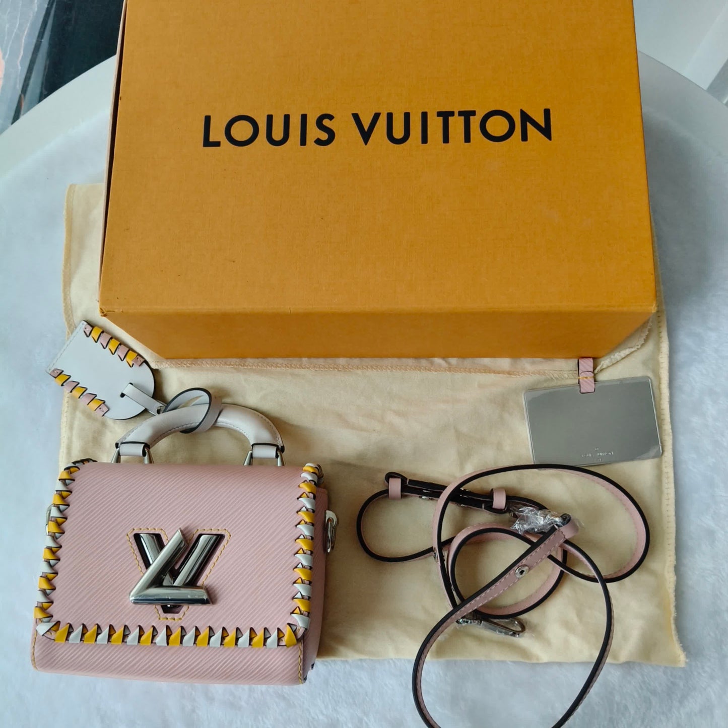 【#293】Pre-owned Louis Vuitton Twist Mini Box Bag Epi Leather in Rose Pink with Yellow-White Braided Trim & Silver-Tone Hardware