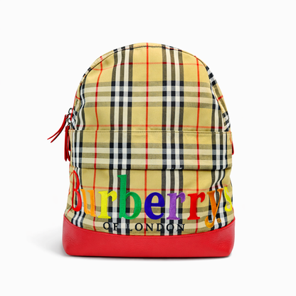 【#271】Pre-owned Burberry Rainbow Logo Backpack Vintage Check Canvas with Red Leather Trim