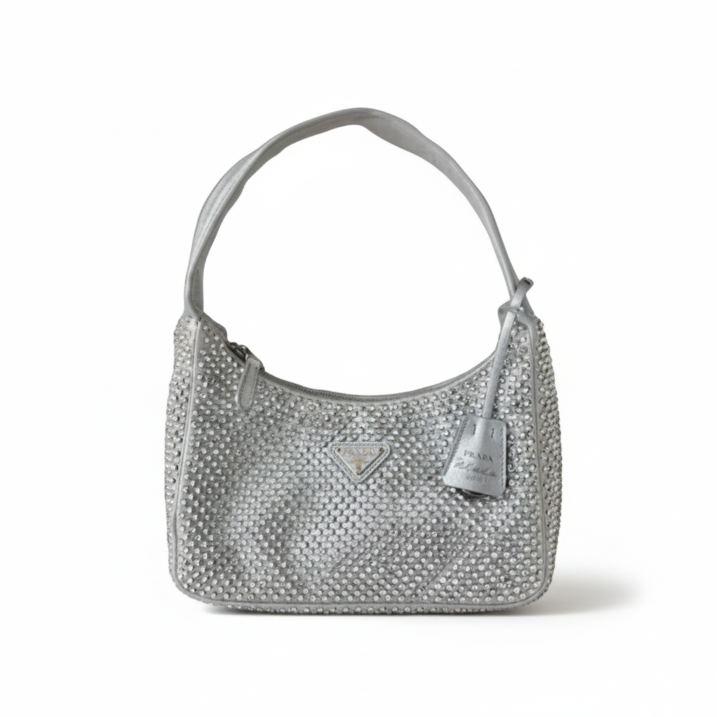 【#239】Pre-owned Prada Re-Edition 2005 Hobo Bag Silver Crystal-Embellished Satin
