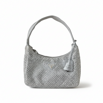 【#239】Pre-owned Prada Re-Edition 2005 Hobo Bag Silver Crystal-Embellished Satin