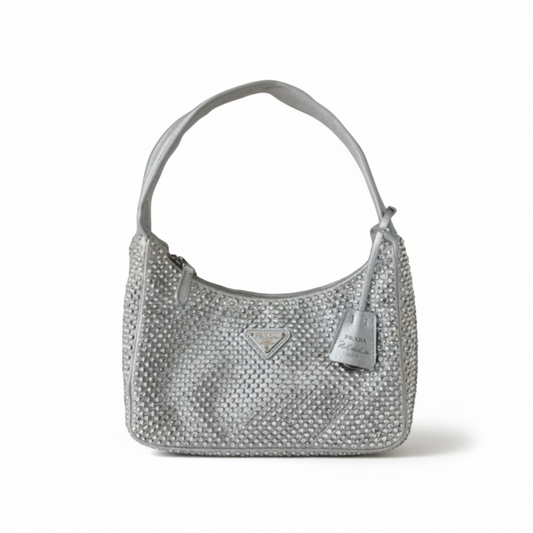 【#239】Pre-owned Prada Re-Edition 2005 Hobo Bag Silver Crystal-Embellished Satin