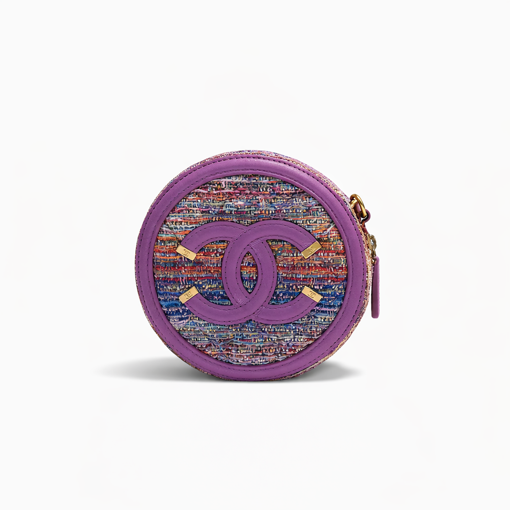 【#260】Pre-owned Chanel Round Coin Purse Multicolor Tweed with Purple Leather Trim & Gold-Tone Hardware
