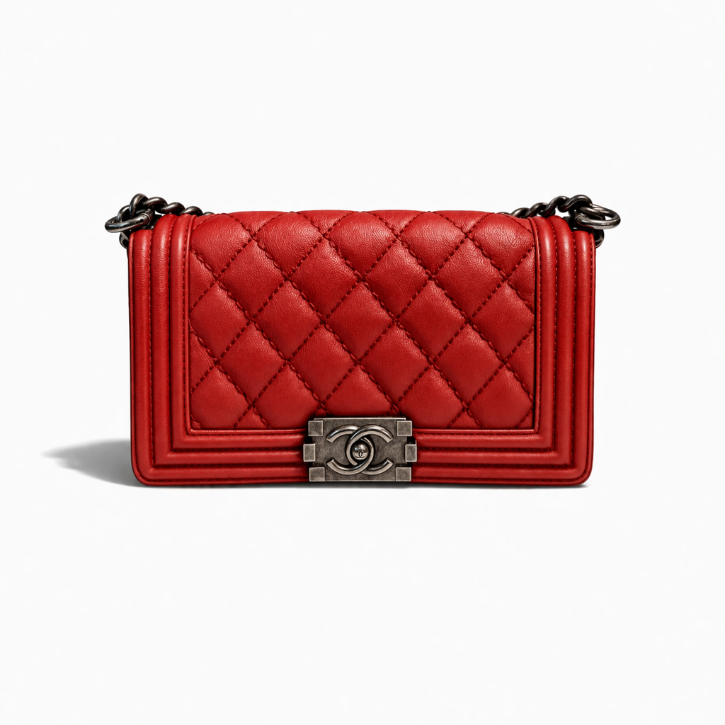 【#255】Pre-owned Chanel Small Boy Bag Red Quilted Lambskin Leather with Ruthenium Hardware