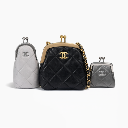 【#251】Pre-owned Chanel Kiss Lock Coin Purse & Mini Pouch Set Quilted Leather with Mixed Hardware