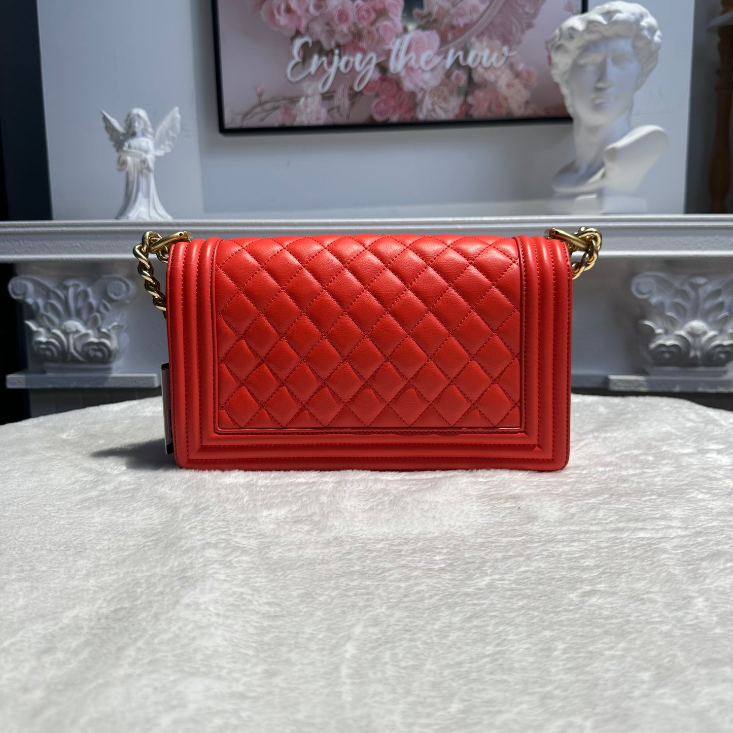 【#254】Pre-owned Chanel Medium Boy Bag Red Quilted Lambskin Leather with Gold-Tone Hardware  2