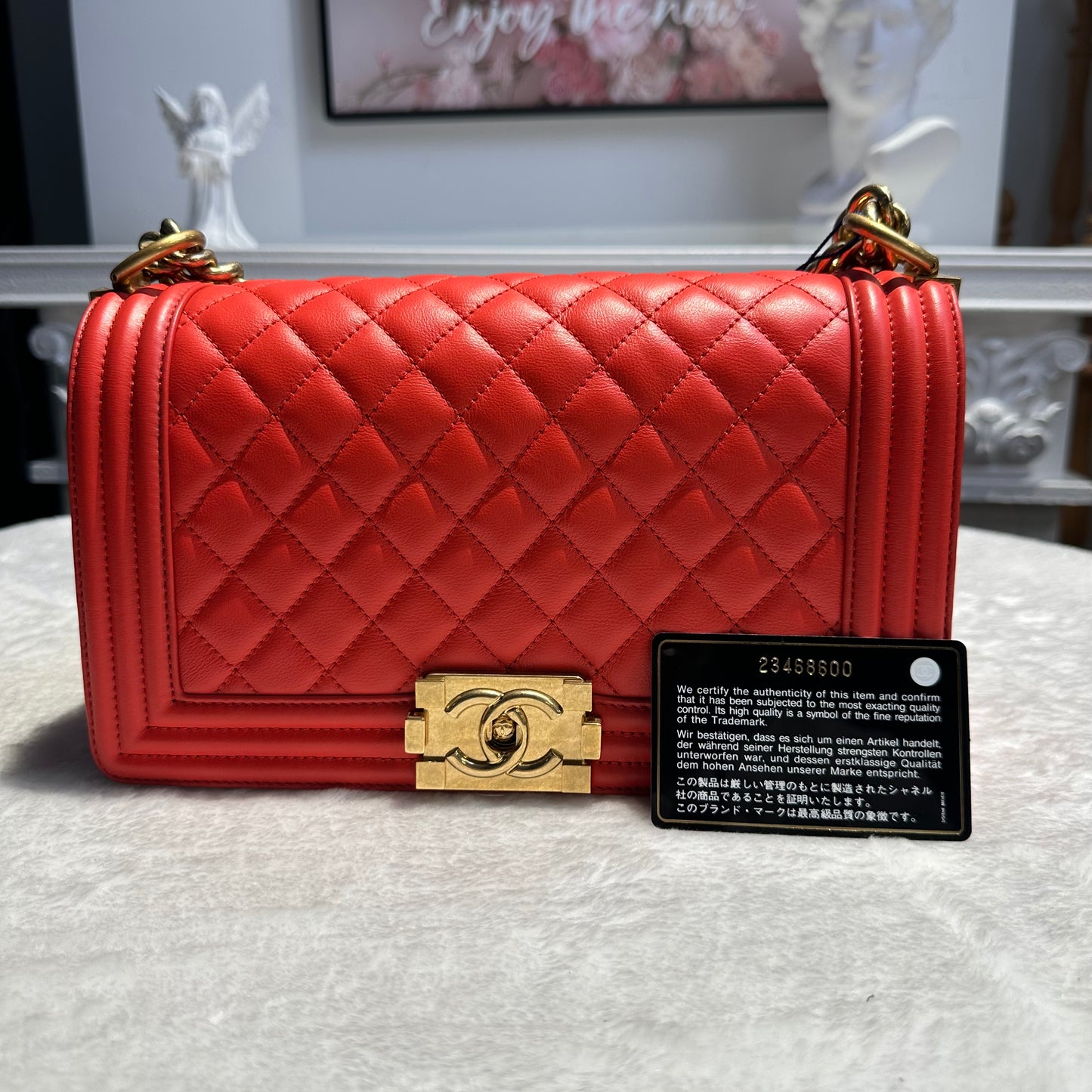 【#254】Pre-owned Chanel Medium Boy Bag Red Quilted Lambskin Leather with Gold-Tone Hardware  2