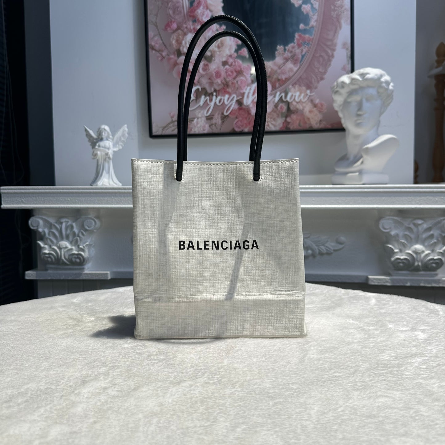 【#244】Pre-owned Balenciaga Hourglass Small Bag White Calfskin Leather with Silver-Tone Hardware