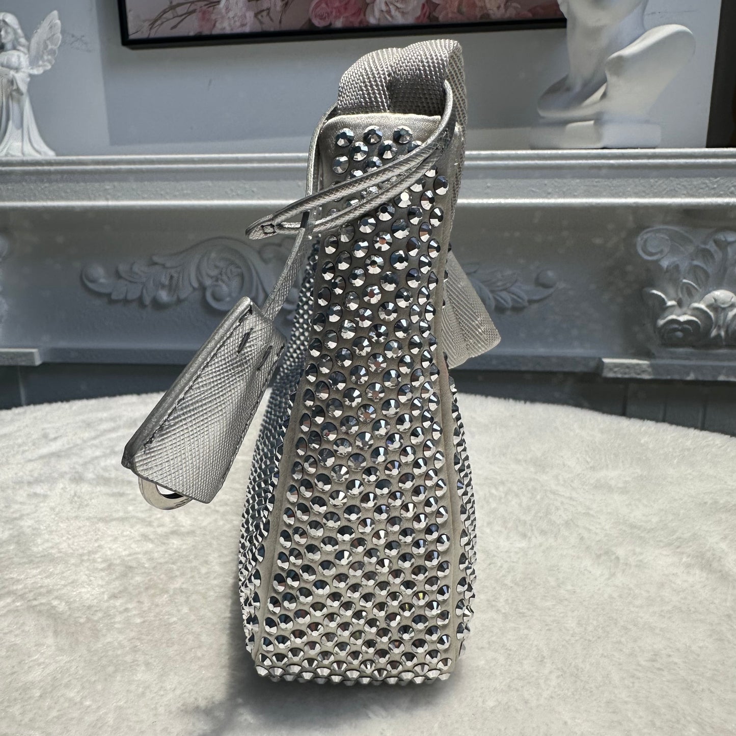 【#239】Pre-owned Prada Re-Edition 2005 Hobo Bag Silver Crystal-Embellished Satin