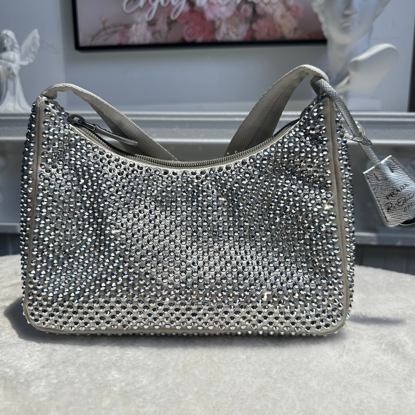 【#239】Pre-owned Prada Re-Edition 2005 Hobo Bag Silver Crystal-Embellished Satin