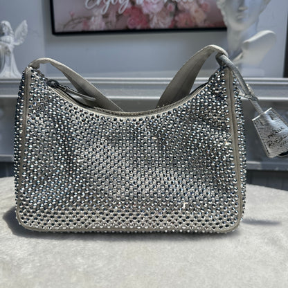 【#239】Pre-owned Prada Re-Edition 2005 Hobo Bag Silver Crystal-Embellished Satin