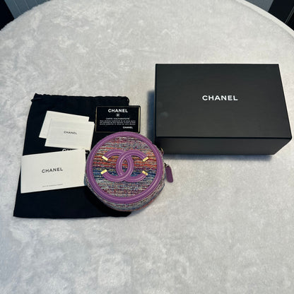 【#260】Pre-owned Chanel Round Coin Purse Multicolor Tweed with Purple Leather Trim & Gold-Tone Hardware