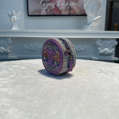【#260】Pre-owned Chanel Round Coin Purse Multicolor Tweed with Purple Leather Trim & Gold-Tone Hardware