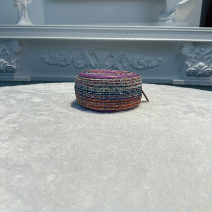 【#260】Pre-owned Chanel Round Coin Purse Multicolor Tweed with Purple Leather Trim & Gold-Tone Hardware