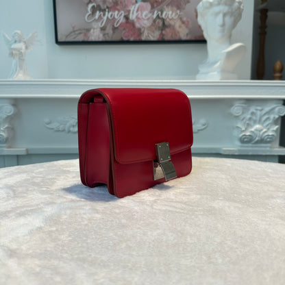 【#262】Pre-owned Celine Medium Classic Box Bag Red Smooth Calfskin Leather with Silver-Tone Hardware