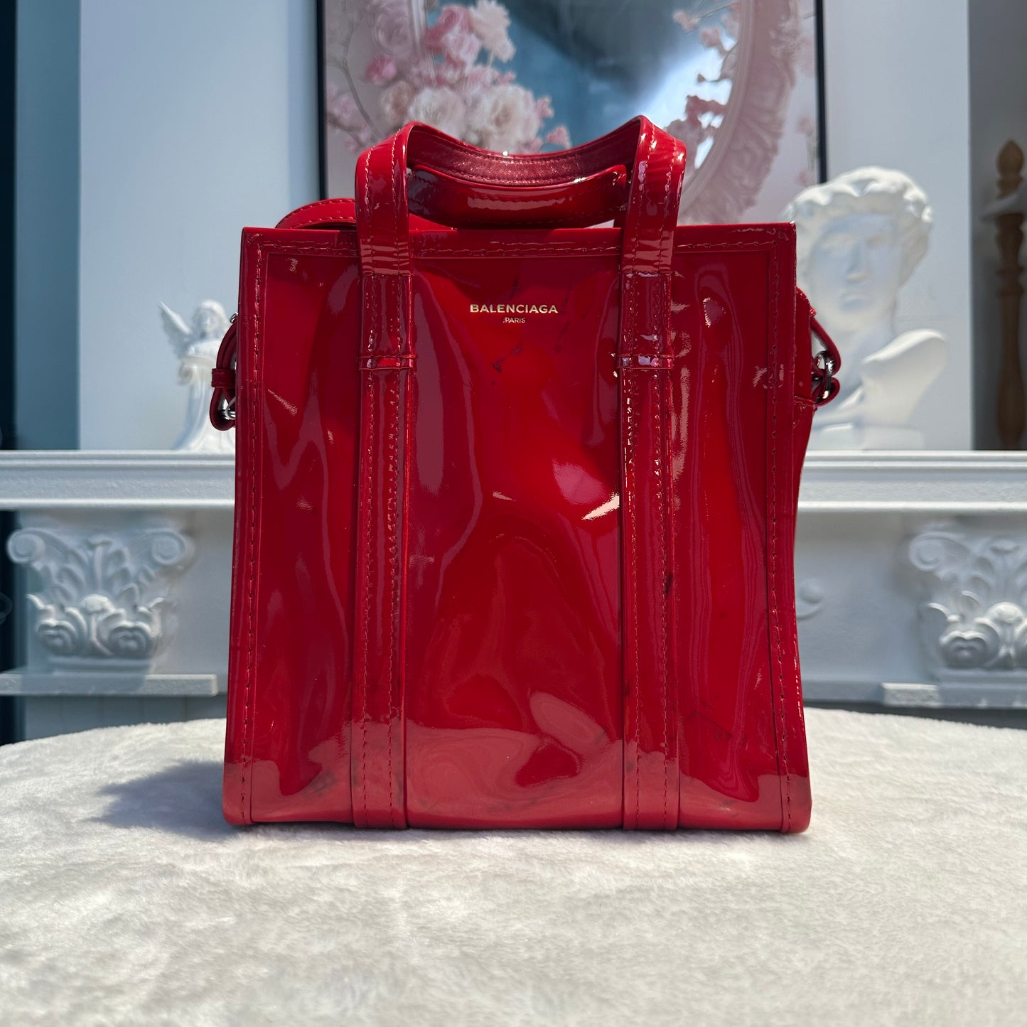 【#257】Pre-owned Balenciaga Small Shopping Tote Bag Red Patent Leather with Silver-Tone Hardware