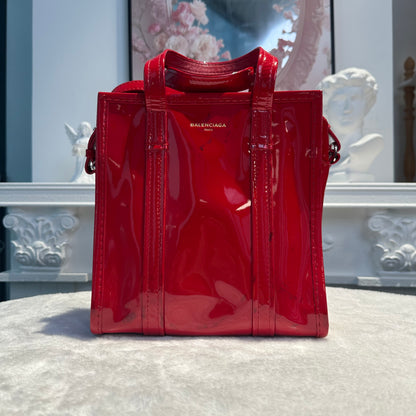 【#257】Pre-owned Balenciaga Small Shopping Tote Bag Red Patent Leather with Silver-Tone Hardware