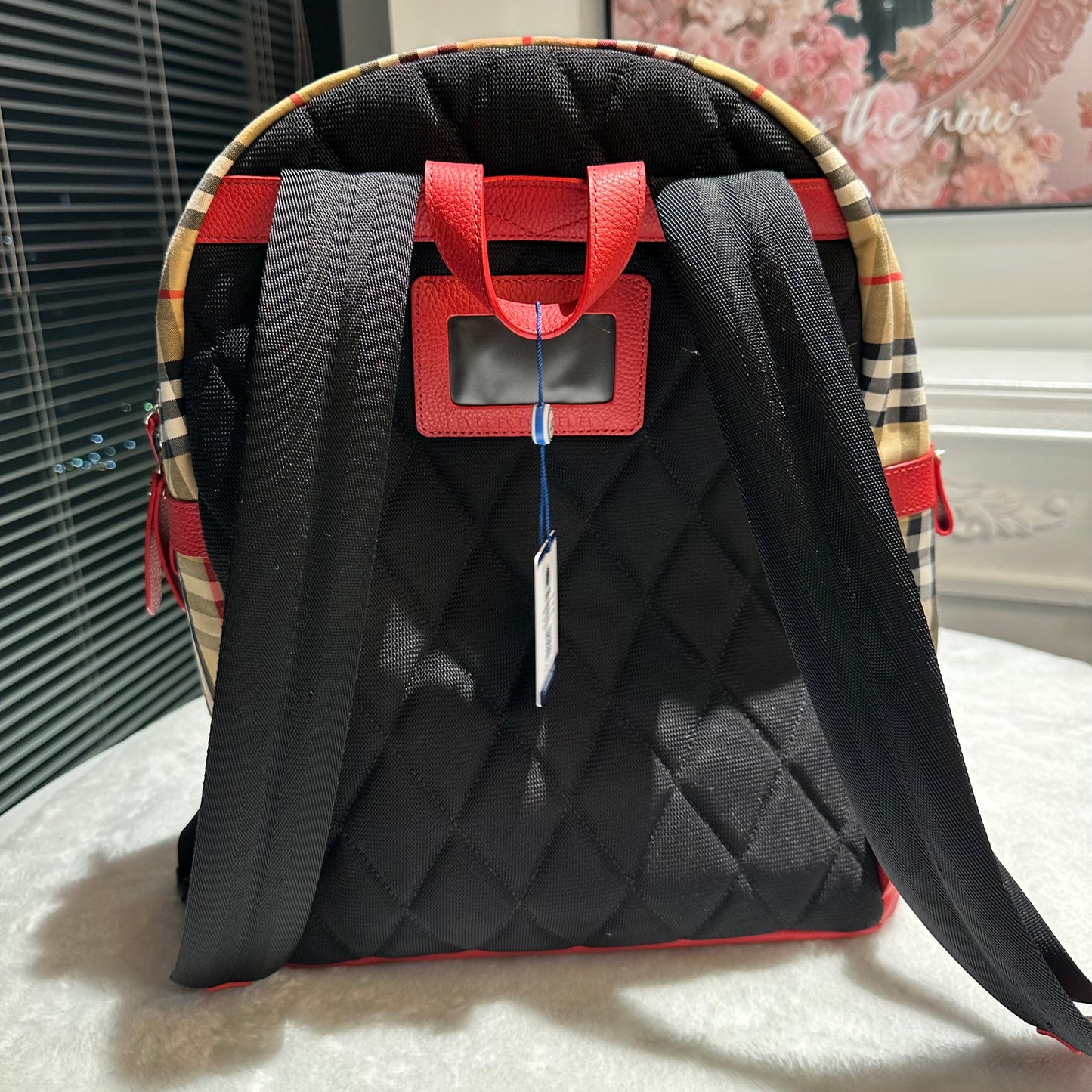 【#271】Pre-owned Burberry Rainbow Logo Backpack Vintage Check Canvas with Red Leather Trim