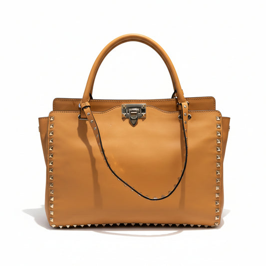【#241】Pre-owned Valentino Garavani Rockstud Large Tote Bag Beige Grained Calfskin Leather