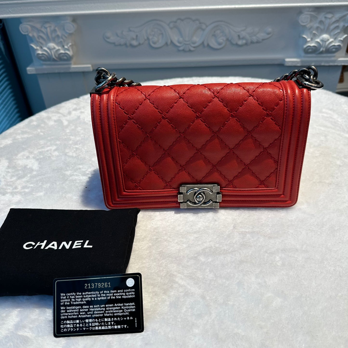 【#255】Pre-owned Chanel Small Boy Bag Red Quilted Lambskin Leather with Ruthenium Hardware