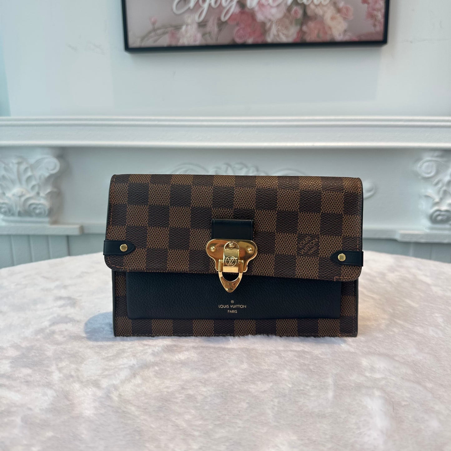 【#269】Pre-owned Louis Vuitton Vaugirard Clutch Damier Ebene Canvas with Black Leather Trim
