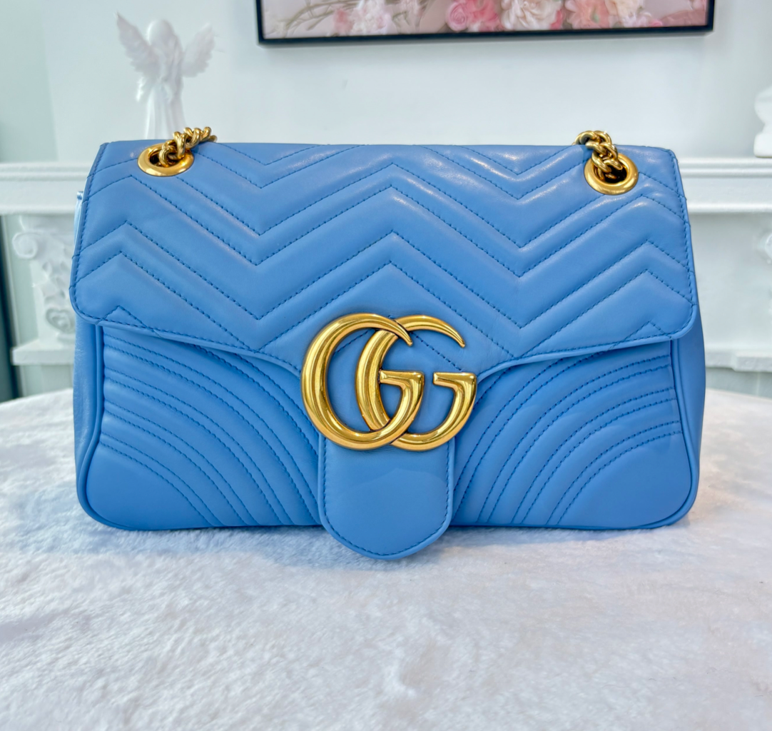 100 Deposit | Pre-owned GUCCI Marmont Medium 30cm Blue Matelassé Calfskin Leather Gold Hardware Shoulder Bag