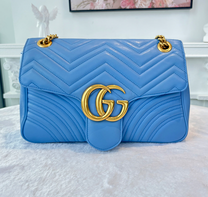 100 Deposit | Pre-owned GUCCI Marmont Medium 30cm Blue Matelassé Calfskin Leather Gold Hardware Shoulder Bag