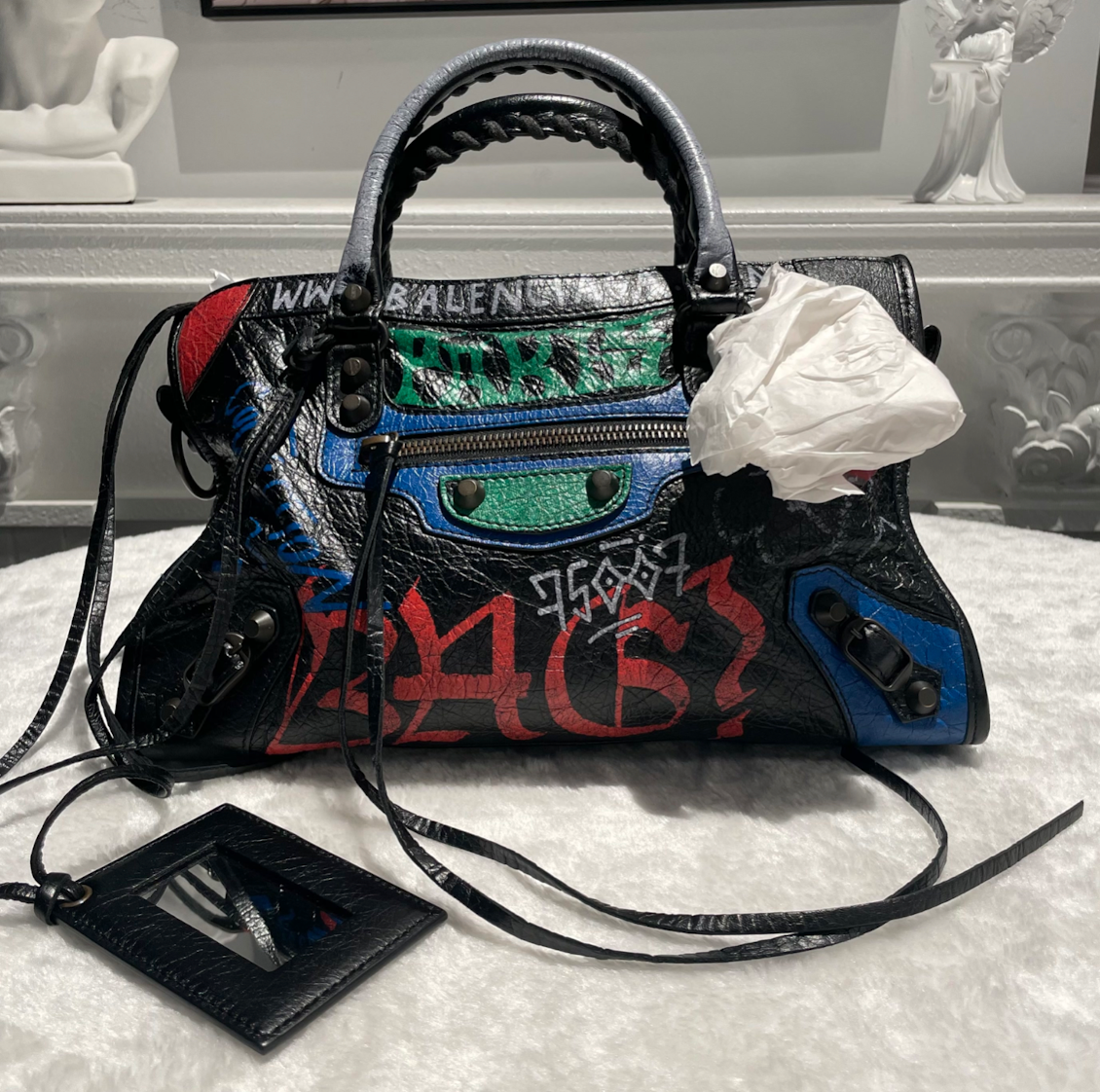 【#300】BALENCIAGA CITY 机车包 黑色拼多色 字母涂鸦 牛皮 mini 铜锭