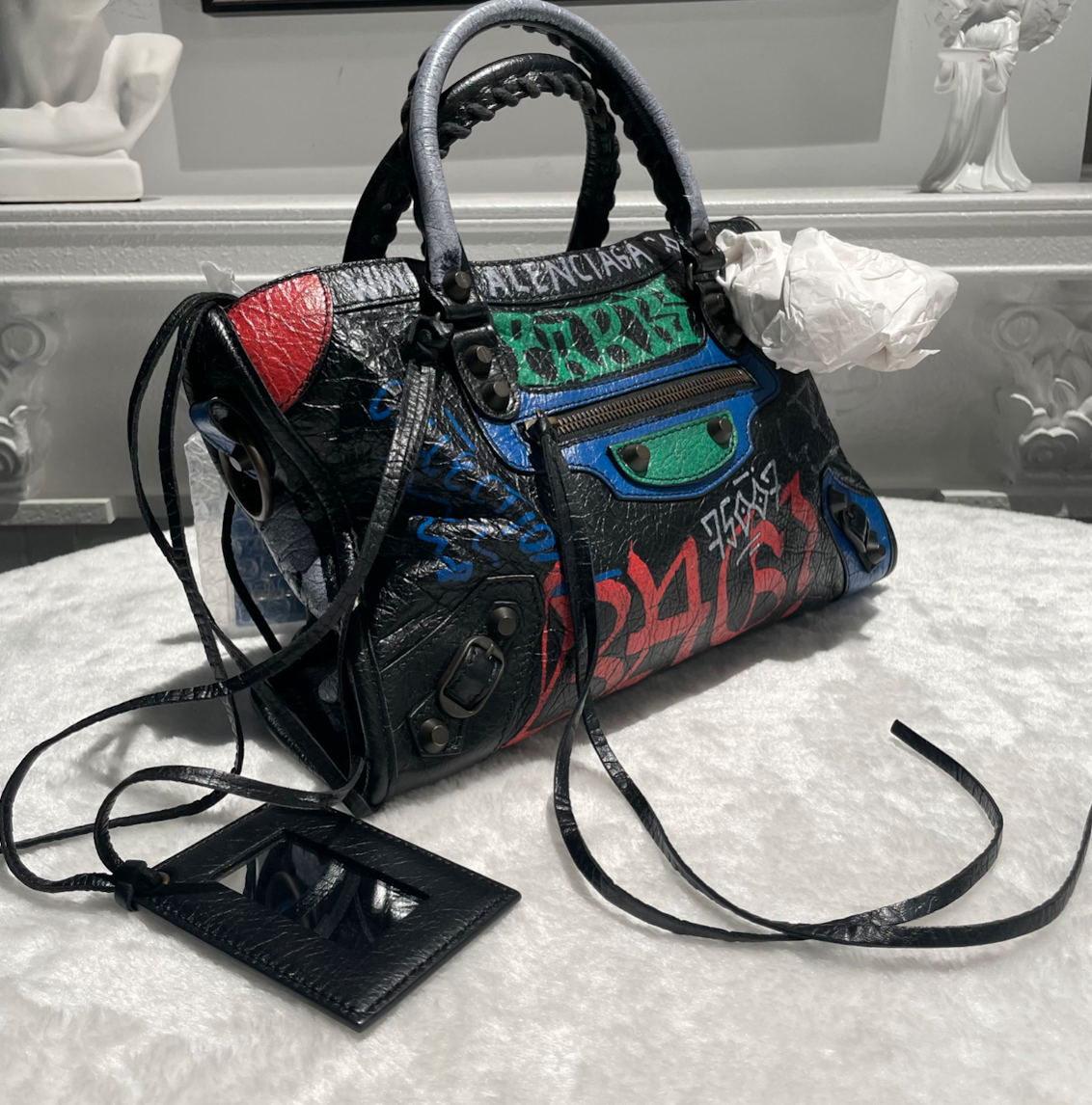 【#300】BALENCIAGA CITY 机车包 黑色拼多色 字母涂鸦 牛皮 mini 铜锭