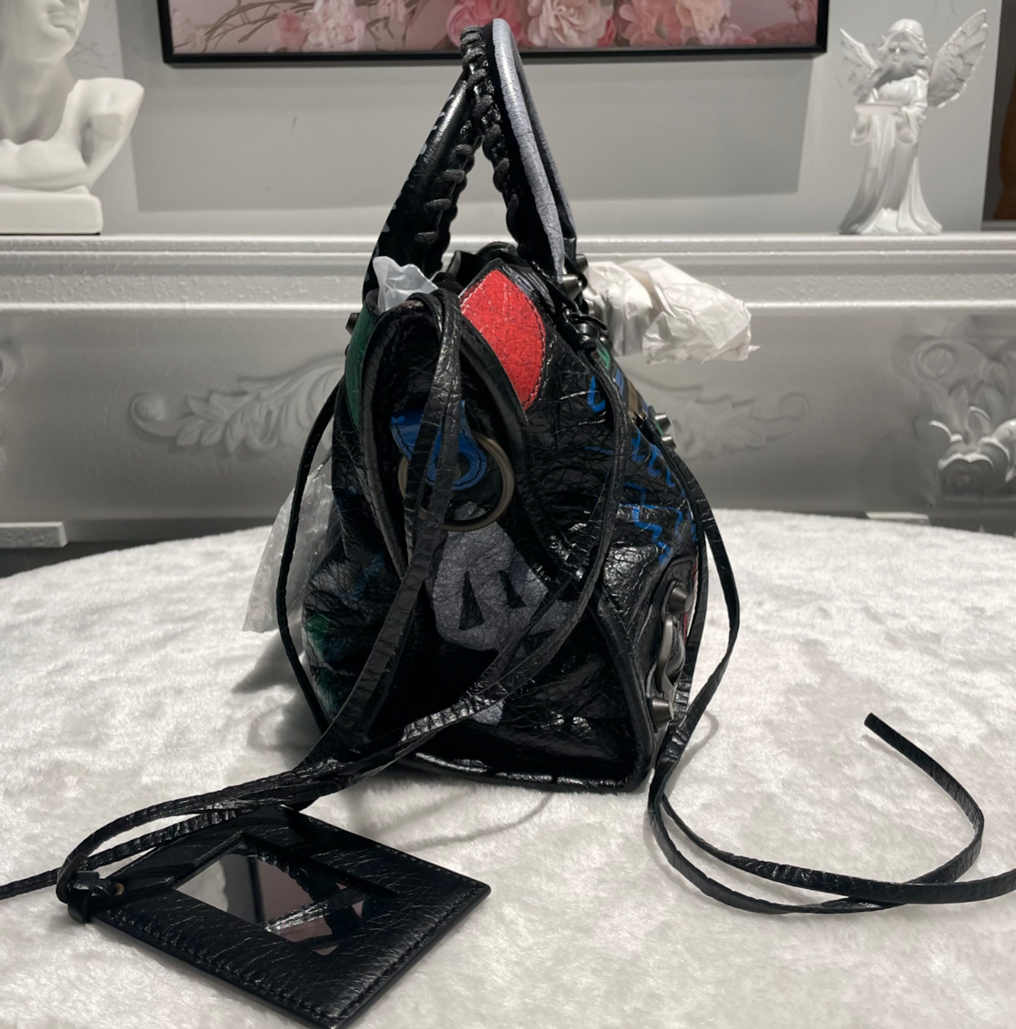 【#300】BALENCIAGA CITY 机车包 黑色拼多色 字母涂鸦 牛皮 mini 铜锭