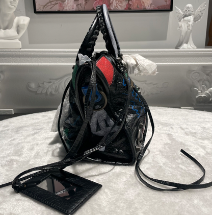 【#300】BALENCIAGA CITY 机车包 黑色拼多色 字母涂鸦 牛皮 mini 铜锭