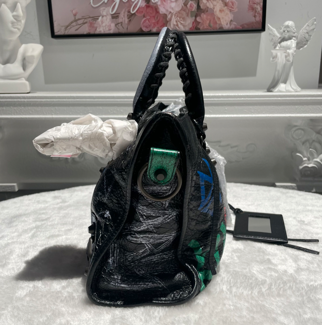 【#300】BALENCIAGA CITY 机车包 黑色拼多色 字母涂鸦 牛皮 mini 铜锭