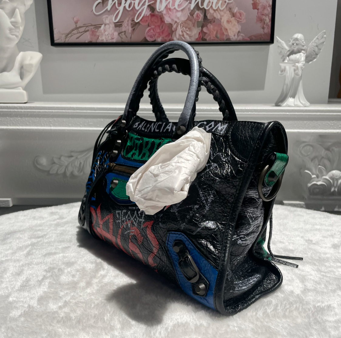 【#300】BALENCIAGA CITY 机车包 黑色拼多色 字母涂鸦 牛皮 mini 铜锭