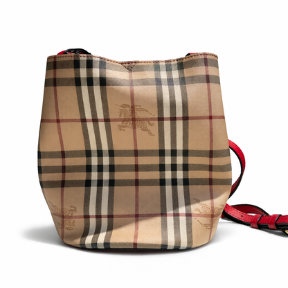【#270】Pre-owned Burberry Small Bucket Bag Vintage Check Canvas with Red Leather Trim