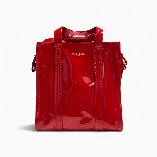【#257】Pre-owned Balenciaga Small Shopping Tote Bag Red Patent Leather with Silver-Tone Hardware