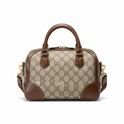 【#288】Pre-owned Gucci Small Boston Bag GG Coated Canvas with Brown Leather Trim
