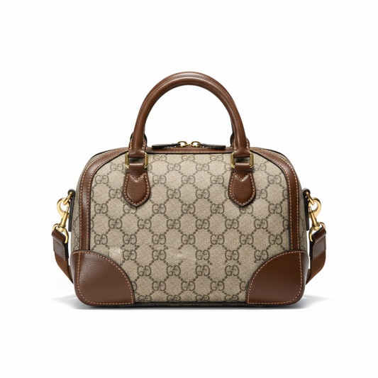 【#288】Pre-owned Gucci Small Boston Bag GG Coated Canvas with Brown Leather Trim