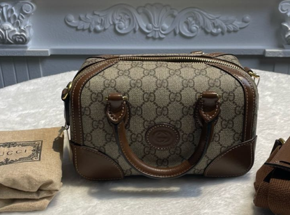 【#288】Pre-owned Gucci Small Boston Bag GG Coated Canvas with Brown Leather Trim