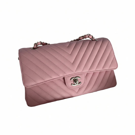 【#247】Pre-owned Chanel Medium Classic Flap Bag Pink Chevron Caviar Leather with Silver-Tone Hardware