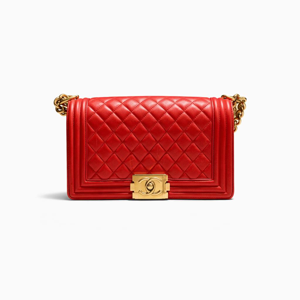 【#254】Pre-owned Chanel Medium Boy Bag Red Quilted Lambskin Leather with Gold-Tone Hardware  2