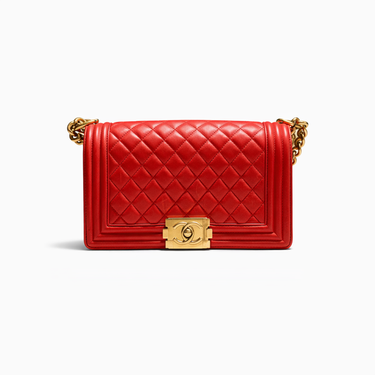 【#254】Pre-owned Chanel Medium Boy Bag Red Quilted Lambskin Leather with Gold-Tone Hardware  1