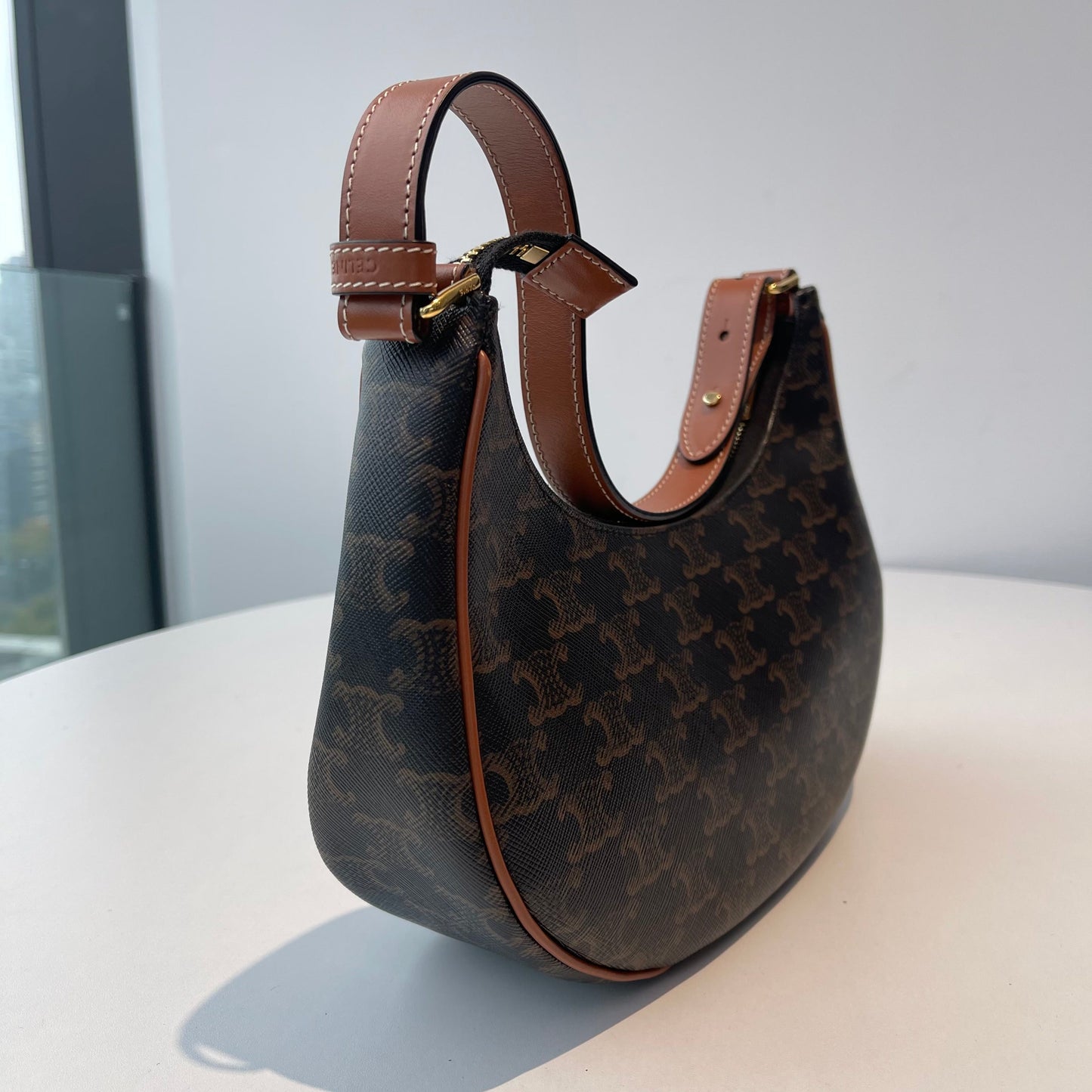 【#226】Pre-owned Celine Medium Ava Bag Triomphe Canvas & Tan Calfskin Leather