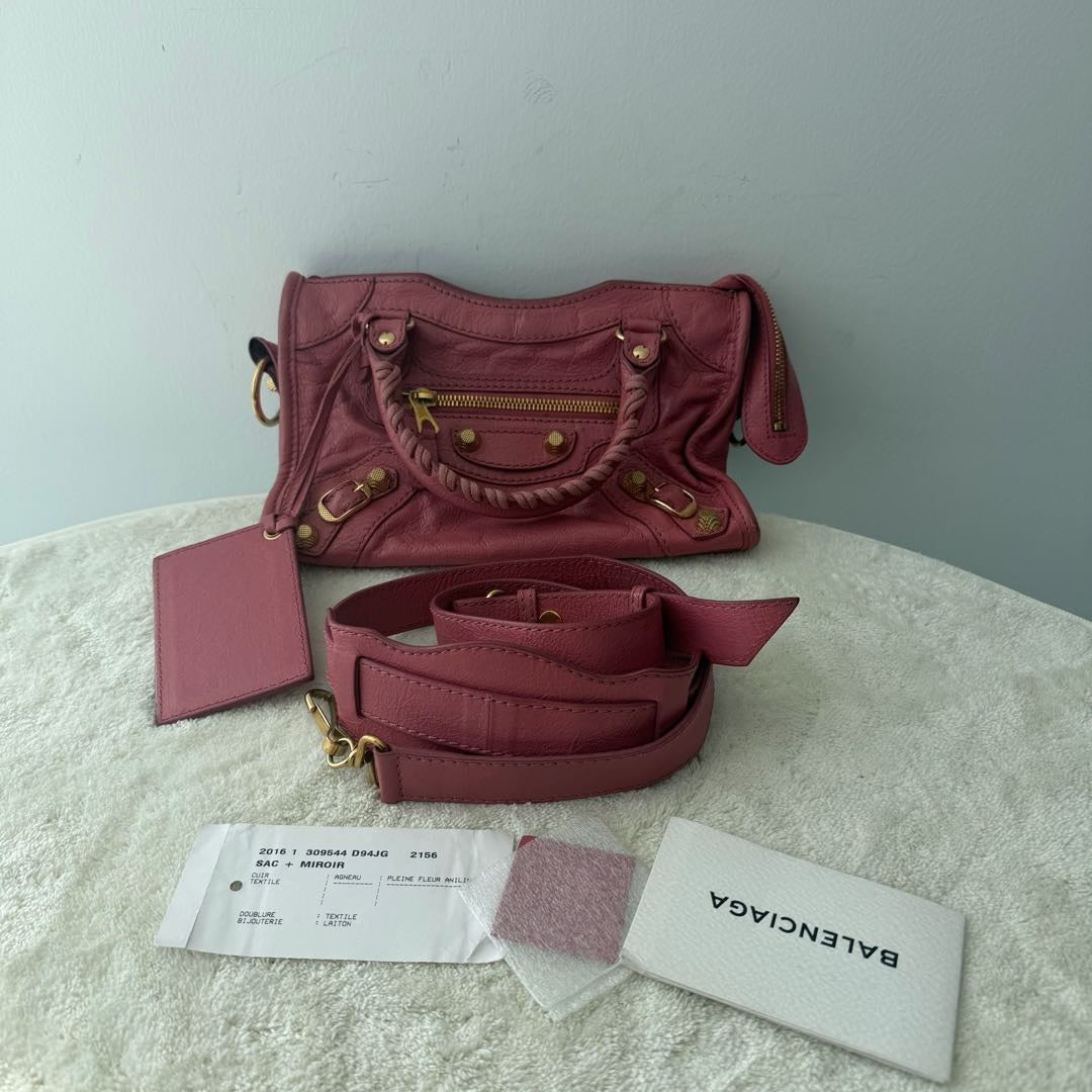 【#159】Pre-owned BALENCIAGA City Mini Pink Oil wax  Leather Gold Studs Crossbody Bag HZ251128&&