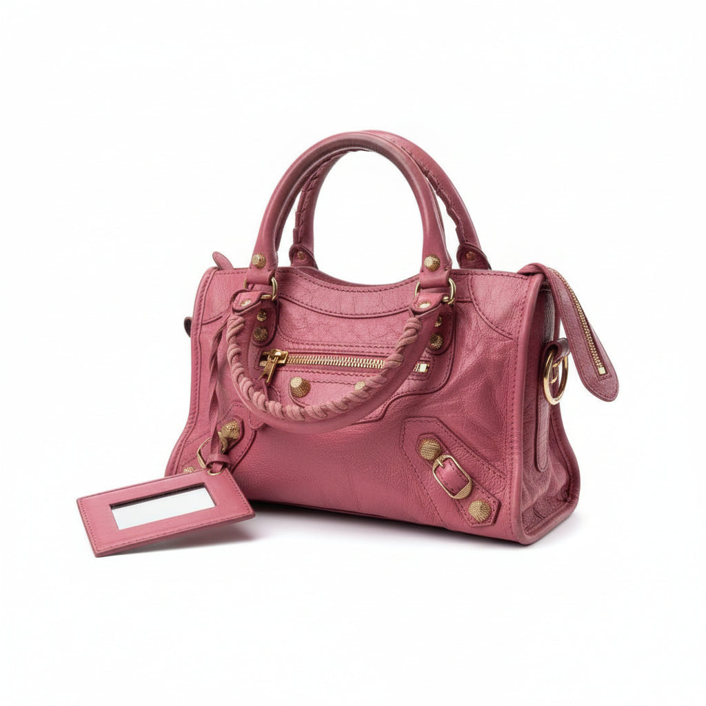 【#159】Pre-owned BALENCIAGA City Mini Pink Oil wax  Leather Gold Studs Crossbody Bag HZ251128&&