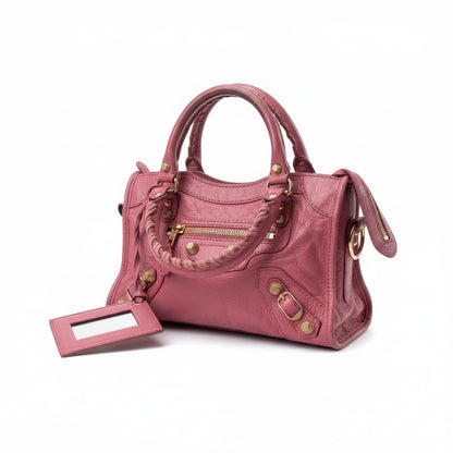 【#159】Pre-owned BALENCIAGA City Mini Pink Oil wax  Leather Gold Studs Crossbody Bag HZ251128&&