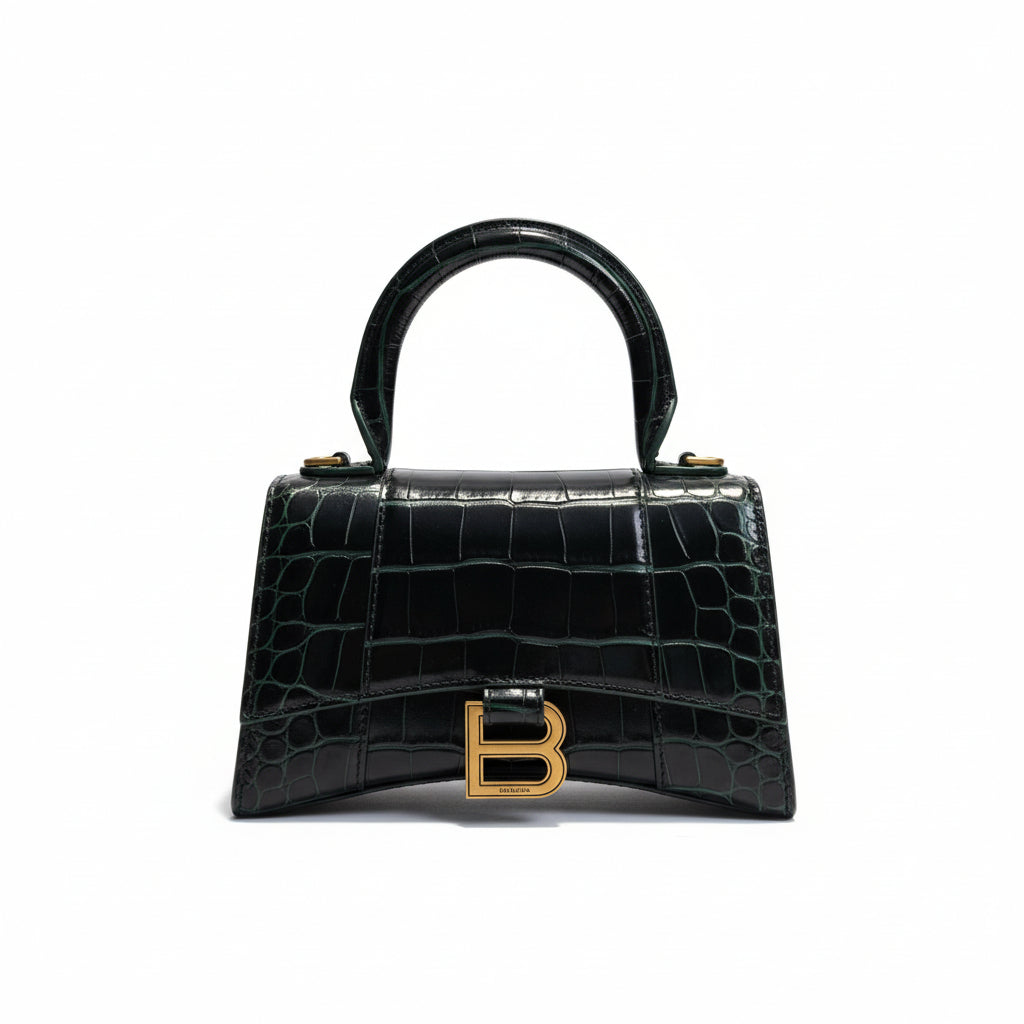 【#155】Pre-owned BALENCIAGA Hourglass XS Dark Green Crocodile-Embossed Leather Gold Hardware Shoulder Bag HZ260131&&